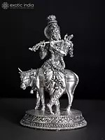 Superfine Murli Manohar Krishna with Cow | Silver Plated Brass Statue