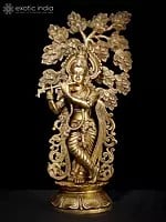 23" Lord Krishna Idol Playing Flute Under the Tree | Brass Statue for Decor