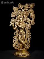 23" Lord Krishna Idol Playing Flute Under the Tree | Brass Statue for Decor