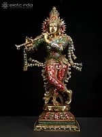 26" Superfine Lord Krishna Playing Flute | Brass Statue with Inlay Work