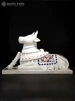 36" Nandi : The Manifestation of Dharma (Shiva’s Bull in Marble | White Marble Statue with Inlay Work