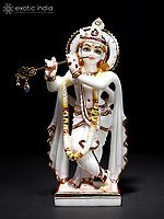 8" Lord Krishna Playing Flute | White Marble Statue