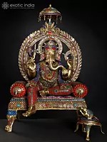 46" Large Colorful Lord Ganapati Seated on Kirtimukha Throne | Brass Statue with Inlay Work