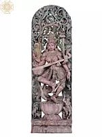 60" Large Wooden Dancing Goddess Saraswati On Lotus Pedestal