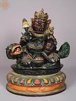 13" Superfine Shaligram Stone Lord Singh Kubera Seated on Wooden Base