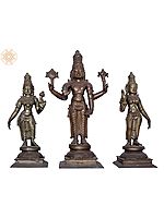 25" Lord Vishnu with Sridevi & Bhudevi Handmade Panchaloha Bronze Statue from Swamimalai