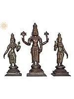 25" Lord Vishnu with Sridevi & Bhudevi Handmade Panchaloha Bronze Statue from Swamimalai