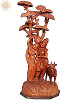Large Wooden Standing Radha Krishna Sculpture Under Tree with Cow