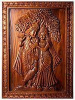 28" Wooden Lord Krishna Playing Basuri with Radha Wall Panel