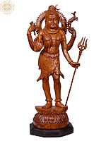 23" Lord Shiva Teakwood Idol with Trishul Standing on Pedestal | Carving Handmade Statue