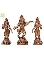 5'' Bhagawan Krishna with Rukmini and Satyabhama | Madhuchista Vidhana (Lost-Wax) | Panchaloha Bronze from Swamimalai