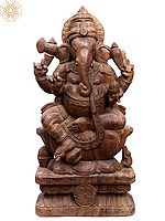 24" Wooden Sitting Chaturbhuja Ganesha Sculpture