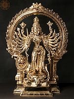 23" Eighteen Armed Bronze Goddess Durga Statue Standing on Bull with Lion