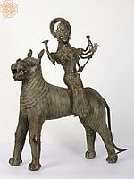Tribal Goddess Durga Bronze Statue Seated On Lion