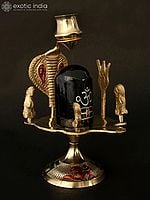 Shiva Linga Black Stone Idol with Shiva Family Brass Figure