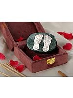 Silver Lakshmi Charan Paduka on Green Goldstone Base
