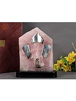 9" Natural Rose Quartz Gemstone Ganesha Statue with .999 Silver Work