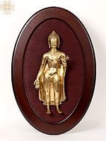 31" Standing Gautam Buddha in Brass | Wooden Wall Hanging Frame