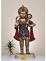 36" Large Brass Sankat Mochan Hanuman Ji With Inlay Work | Handmade