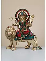 22" Brass Durga Maa with Inlay Work | Handmade