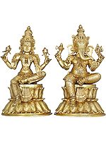 14" Lakshmi Ganesha Seated on Double Lotus In Brass | Handmade | Made In India