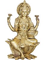 12" Brass Goddess Lakshmi Idol with Wealth Pot | Handmade Statues | Made in India