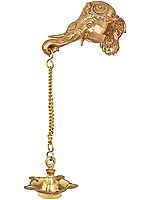 15" Ganesha Wall Hanging Mask with Hanging Lamp in Brass | Handmade | Made In India