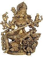 38" Devi Sarasvati, Cradling The Veena Like A Mother Her Baby In Brass | Handmade | Made In India