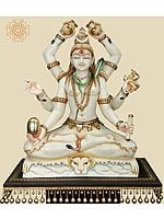 32" Superfine Gold Treasured Shadbhujadhari Shiva White Marble Statue | Handmade