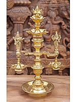 17" Ganesha-Lakshmi-Saraswati Lamp With A Sturdy, Engraved Stem In Brass | Handmade | Made In India