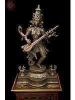 32" The Inspired Devi Saraswati| Handmade | Madhuchista Vidhana (Lost-Wax) | Panchaloha Bronze