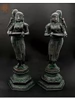 12" Pair of Deepalakshmis with Parrots Perched Upon The Shoulder | Handmade Brass Statue