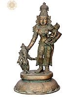 27 Standing Parvati with Baby Ganesha and Karttikeya | Handmade | Madhuchista Vidhana (Lost-Wax) | Panchaloha Bronze from Swamimalai"