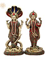 18" Lord Vishnu and Lakshmi Ji Inlay Work Brass Statue | Handmade