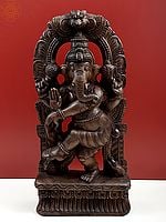 24" Wooden Dancing Ganesha with Kirtimukha Prabhavali Wall Hanging | Handmade