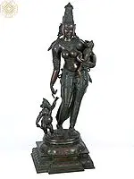Divine Motherhood: Large Standing Parvati with Baby Ganesha and Kartikeya | Madhuchista Vidhana (Lost-Wax) | Panchaloha Bronze from Swamimalai