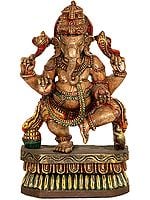 Dancing Ganesha Wooden Sculpture - Carved from South Indian Temple Wood