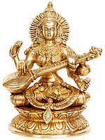 9" Mother Saraswati - A True Picture of Wisdom and Affection In Brass | Handmade | Made In India