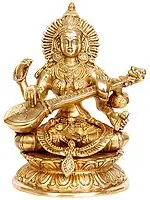 9" Goddess Saraswati Brass Statue | Handmade Home Temple Idol
