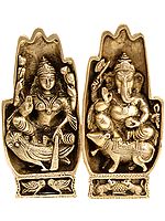 7" Pair of Hands Depicting Lakshmi Seated on Owl and Ganesha on Rat in Brass | Handmade | Made in India