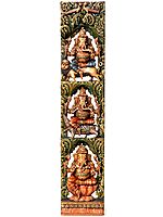 Three Ganesha Vertical Panel with Peacocks
