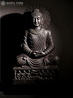 27" Black Stone Buddha Idol in Meditation Mudra on Wooden Base
