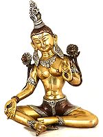 10" Tibetan Buddhist Deity- Triple-Hued Goddess Green Tara In Brass | Handmade | Made In India
