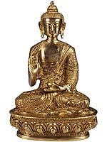 8.1" Tibetan Buddhist God Medicine Buddha Imparting Abhaya to His Devotees (Robes Decorated with the Scenes from the Life of Shakyamuni Buddha) In Brass | Handmade | Made In India