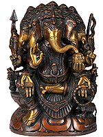 11" Five Headed Ganesha Seated in Lalitasana In Brass | Handmade | Made In India