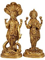 17" Brass Lord Vishnu Idol Standing on Sheshnag with Lakshmi Ji | Handcrafted in India