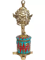 Tibetan Buddhist Prayer Wheel with Victory Banner (Ashtamangala)