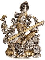 11" Goddess Saraswati Brass Statue | Handmade | Made In India