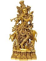 28" Brass Venugopala Idol (Pedestal Engraved with the Bal Leela of Krishna) | Handmade