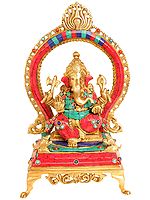 12" Lord Ganesha Seated on Throne with Aureole In Brass | Handmade | Made In India